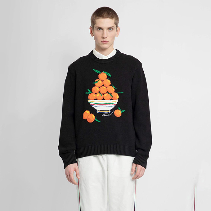 casablanca orange bowl jacquard crew neck knit sweater